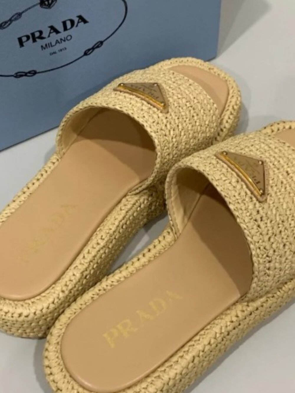 Prada Beige Woven Raffia Slide Sandals Size 37 - Picture 3 of 4